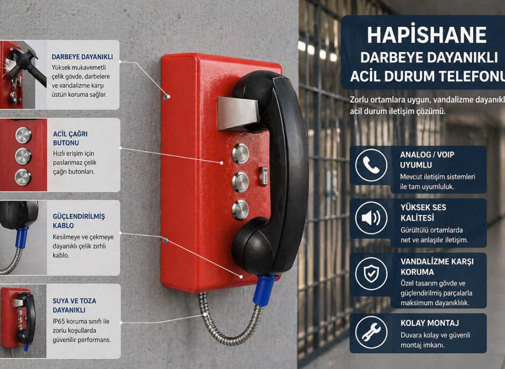 hapishane tipi darbeye dayanıklı telefonlar, zorlu disiplin ortamlarında iletişimi güvenli bir sınırda tutmak için üretilir. Hem personelin hem de mahkumların iletişim ihtiyaçlarını tesis güvenliğini riske atmadan karşılar.