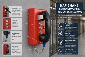 hapishane tipi darbeye dayanıklı telefonlar, zorlu disiplin ortamlarında iletişimi güvenli bir sınırda tutmak için üretilir. Hem personelin hem de mahkumların iletişim ihtiyaçlarını tesis güvenliğini riske atmadan karşılar.