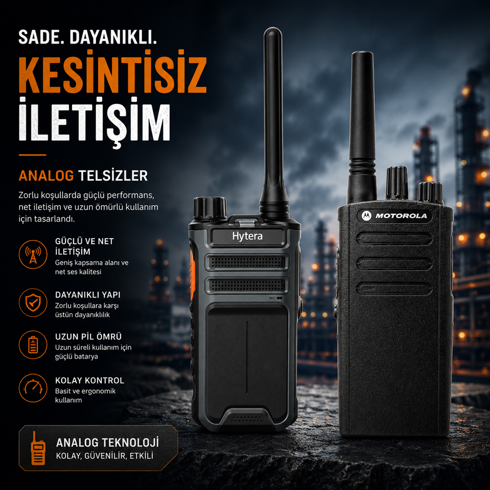 Analog Telsizlerin Sağladığı Avantajlar İşletmeler için hızlı haberleşme, zaman ve maliyet tasarrufu anlamına gelir. Analog telsiz çözümleri şu avantajları sunar: Hızlı İletişim Tek tuşla anında iletişim kurulmasını sağlar. Telefon araması beklemeye gerek kalmaz. Düşük Maliyet Kurulum ve işletme maliyetleri birçok alternatif iletişim sistemine göre daha ekonomiktir. Dayanıklı Tasarım Profesyonel kullanım için geliştirilen analog telsizler darbelere, toza ve zorlu çalışma koşullarına karşı dayanıklıdır. Uzun Pil Ömrü Yüksek kapasiteli bataryaları sayesinde uzun vardiyalarda kesintisiz kullanım sunar. Kolay Kullanım Basit menü yapısı sayesinde kullanıcılar kısa sürede cihazı etkin şekilde kullanabilir. Analog Telsiz ile Dijital Telsiz Arasındaki Farklar İşletmeler telsiz seçimi yaparken analog ve dijital sistemler arasında kararsız kalabilir. Analog telsiz: Daha ekonomik yatırım maliyeti Basit kullanım Küçük ve orta ölçekli işletmeler için ideal Temel haberleşme ihtiyaçlarını karşılar Dijital telsiz: Daha net ses kalitesi Gelişmiş güvenlik özellikleri Daha uzun batarya performansı GPS, kısa mesaj ve veri iletişimi gibi ek fonksiyonlar İşletmenin ihtiyaçlarına göre doğru teknolojinin seçilmesi uzun vadede daha verimli bir kullanım sağlar. Analog Telsiz Satın Alırken Nelere Dikkat Edilmelidir? Doğru analog telsiz modelini seçerken aşağıdaki kriterler göz önünde bulundurulmalıdır: Kullanım alanı Haberleşme mesafesi Kullanıcı sayısı Batarya kapasitesi Kanal sayısı Dayanıklılık seviyesi IP koruma standardı Aksesuar uyumluluğu Teknik servis desteği Garanti süresi Yetkili satıcılardan alınan orijinal ürünler, uzun ömürlü kullanım ve güvenilir teknik destek açısından önemli avantaj sağlar. Analog Telsiz ile İş Verimliliğini Artırın Ekiplerin hızlı iletişim kurabilmesi, operasyonel süreçlerin daha etkin yönetilmesini sağlar. Analog telsiz sistemleri sayesinde çalışanlar anlık bilgi paylaşabilir, görev koordinasyonu kolaylaşır ve acil durumlarda hızlı müdahale edilebilir. Özellikle güvenlik, üretim, lojistik ve inşaat sektörlerinde analog telsizler, iş süreçlerinin kesintisiz devam etmesine katkı sağlar. Sonuç Ekonomik, dayanıklı ve kullanımı kolay haberleşme çözümü arayan işletmeler için analog telsiz sistemleri güçlü bir seçenektir. Düşük yatırım maliyeti, güvenilir performansı ve uzun kullanım ömrü sayesinde birçok sektörde tercih edilen analog telsizler, profesyonel iletişim ihtiyaçlarını başarıyla karşılar. İşletmenizin ihtiyaçlarına uygun analog telsiz sistemini seçerek ekip koordinasyonunu güçlendirebilir, operasyonel verimliliğinizi artırabilir ve güvenilir haberleşmenin avantajlarından yararlanabilirsiniz. Hemen Teklif Alın! İşletmeniz için en uygun analog telsiz çözümlerini uzman ekibimizle belirleyin. Hytera, Motorola ve ASELSAN başta olmak üzere profesyonel analog telsiz modelleri, aksesuarlar, programlama, bakım ve satış sonrası teknik destek hizmetlerimizle yanınızdayız. Hemen bizimle iletişime geçin ve ihtiyacınıza özel avantajlı teklif alın! Sık Sorulan Sorular (SSS) Analog telsiz nedir? Analog telsiz, ses sinyallerini analog radyo frekansları üzerinden ileten ve kullanıcıların tek tuşla anlık iletişim kurmasını sağlayan profesyonel haberleşme cihazıdır. Analog telsiz hangi sektörlerde kullanılır? Güvenlik, üretim, inşaat, lojistik, oteller, hastaneler, alışveriş merkezleri, belediyeler, eğitim kurumları ve birçok endüstriyel alanda kullanılmaktadır. Analog telsiz ile dijital telsiz arasındaki fark nedir? Analog telsizler ekonomik ve kullanımı kolay çözümler sunarken, dijital telsizler daha net ses kalitesi, gelişmiş güvenlik özellikleri ve ek veri iletişim fonksiyonları sağlar. Analog telsizlerin kapsama alanı ne kadardır? Kapsama alanı; cihazın çıkış gücü, anten yapısı, arazi koşulları ve çevresel engellere göre değişiklik gösterir. Röle sistemleri kullanılarak kapsama alanı genişletilebilir. Analog telsiz satın alırken nelere dikkat edilmelidir? Kullanım alanı, haberleşme mesafesi, kanal sayısı, batarya kapasitesi, dayanıklılık, teknik servis desteği ve garanti koşulları değerlendirilmelidir. Analog telsizler uzun süre kullanılabilir mi? Evet. Düzenli bakım yapıldığında kaliteli analog telsizler uzun yıllar güvenilir şekilde kullanılabilir ve profesyonel haberleşme ihtiyaçlarını karşılamaya devam eder.